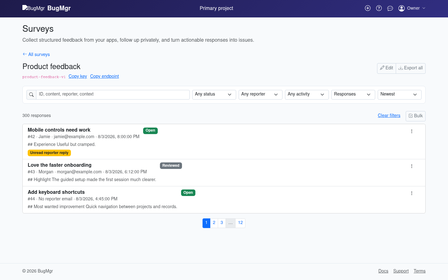 BugMgr survey response inbox with search, filtering, status, and pagination