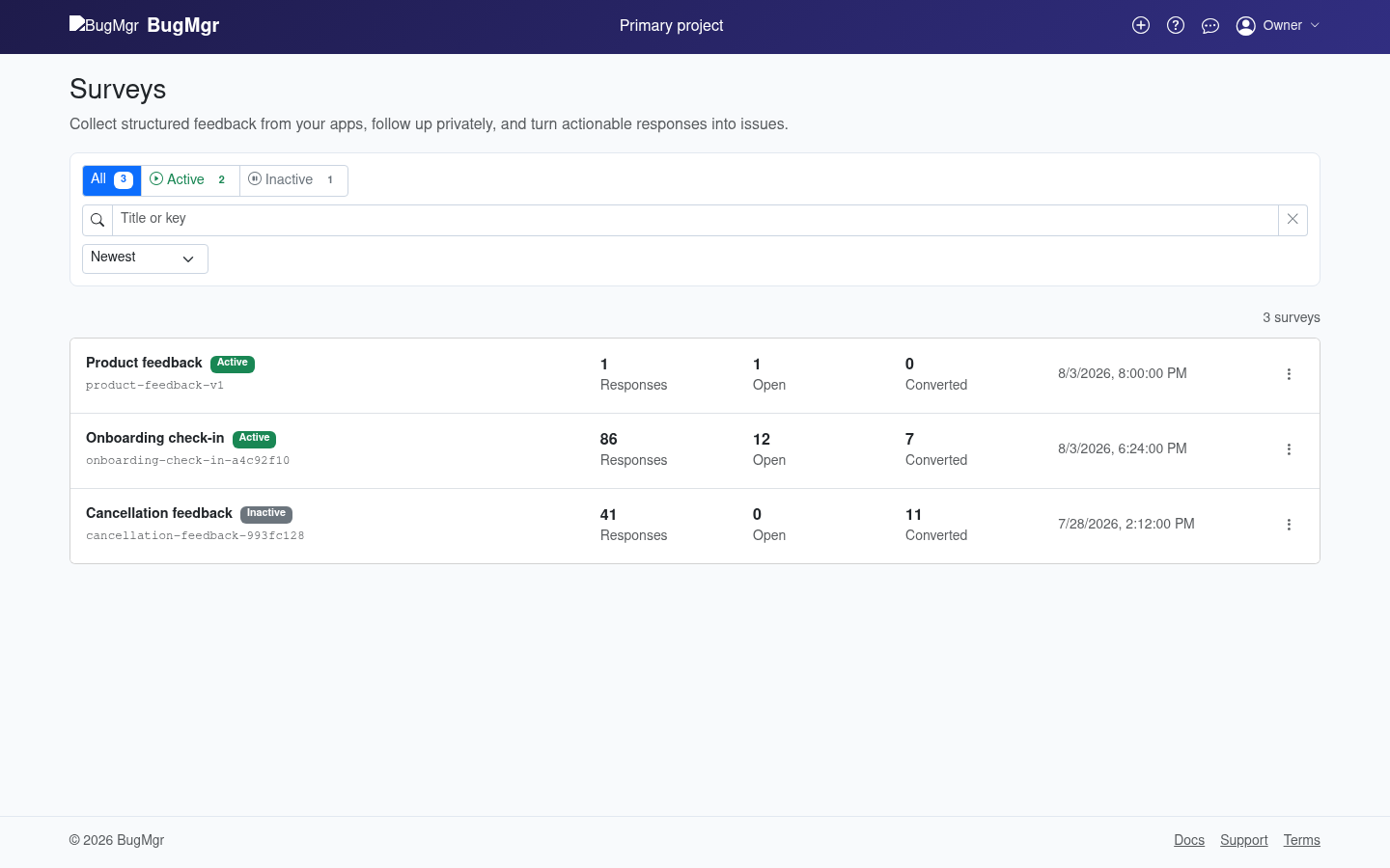 BugMgr Surveys list with quick filters, search, campaign metrics, and direct actions